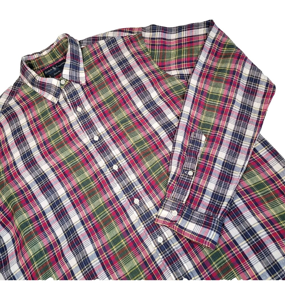 Polo Ralph Lauren Men's Classic Fit XL 100% Linen Plaid Button Down Multi Color